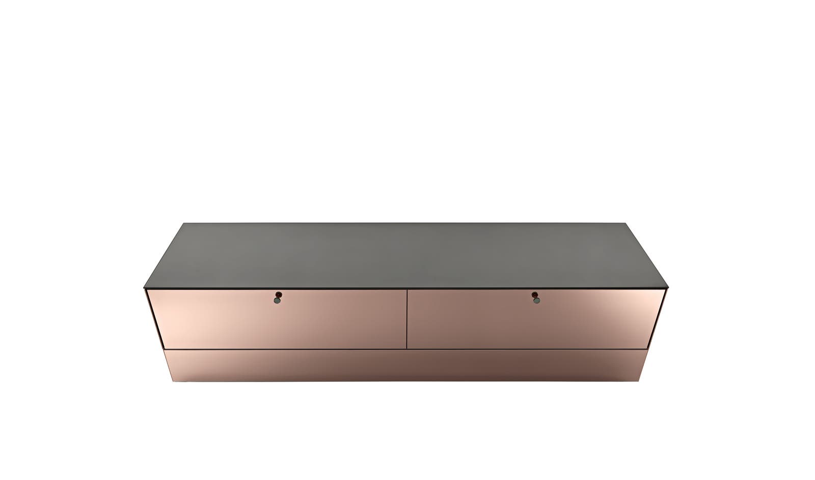 Angled view of low Maxalto Luminor storage unit showing glass top and recessed base